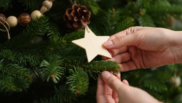 Decorating the Christmas tree. A person's hands hang a rustic wooden star ornament on a festive fir tree, with pine cones and bead garland.
