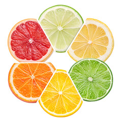 Fresh citrus fruit slices arranged in a circle on black background