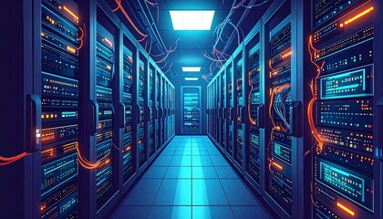 Modern Data Center with Server Racks and Organized Network Cabling