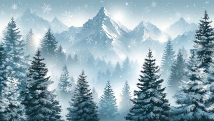 Fototapeta premium Winter wonderland landscape with snow-covered mountains and pine trees