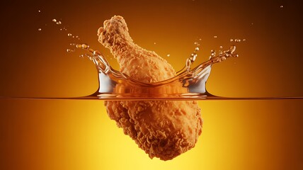 A crispy fried chicken drumstick dropping into a liquid, creating a splash, a concept of deep frying food

