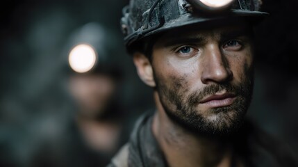 Obraz premium Underground mining worker with headlamp in the dark