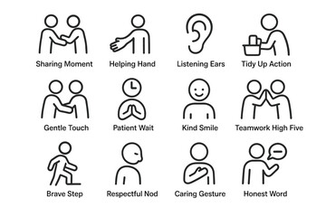 Fototapeta premium Simple line icons depicting positive social interactions and gestures