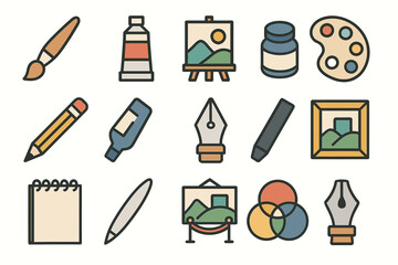 Art supplies icons: brushes, paints, easel, palette, sketchbook, pencil, pen, ink