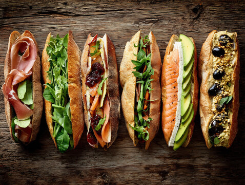 Delicious baguettes filled with various ingredients resting on rustic wooden table