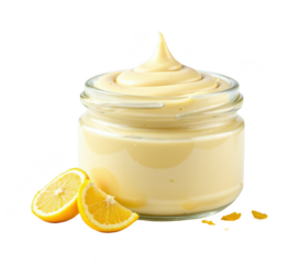 standalone mayonnaise with lemon zest on a white background, in a sleek style, with precise details, soft glow, studio setup, high resolution
