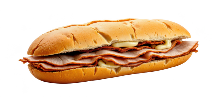 standalone sandwich with smoked turkey and mayonnaise on a white background, in a sleek style, with precise details, soft glow, studio setup, high resolution