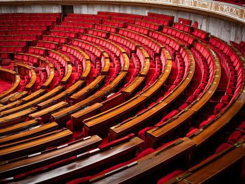 Empty hemicycle seating in french national assembly building shows power and democracy