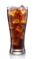 Refreshing Cola Drink with Ice Cubes in a Glass, Studio Shot, Crisp and Clean. white background