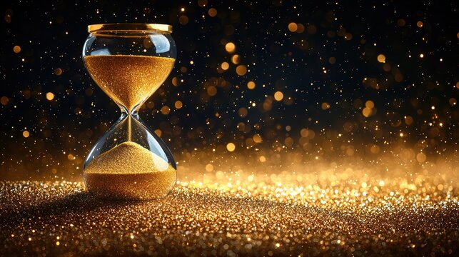 Golden hourglass with sand falling against bokeh background