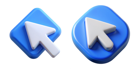 Two 3d blue cursor icons with white arrows isolated on transparent background