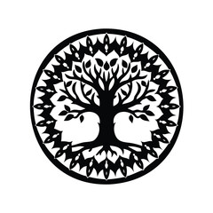 Stylized Black and White Tree of Life Design within Circular Border
