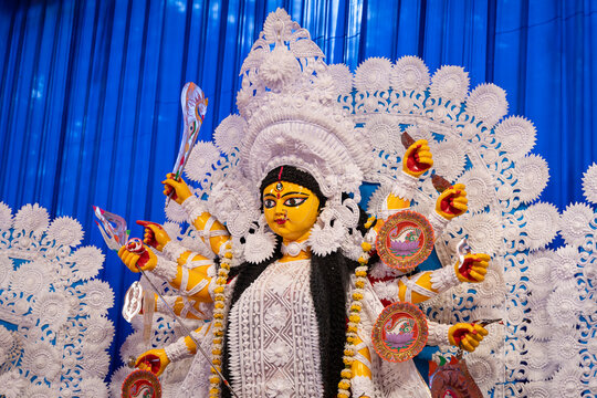 sacred hindu goddess durga idols on the occasion of dussehra at day