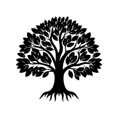 Elegant Silhouette of a Tree with Roots, Trunk, Branches, and Leaves