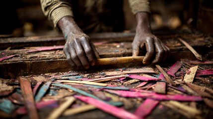 Skilled hands meticulously craft vibrant wooden pieces, showcasing dedication to artisanal creation and cultural heritage.