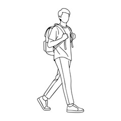 Obraz premium Line art illustration of a young man walking with a backpack, perfect for educational or lifestyle content