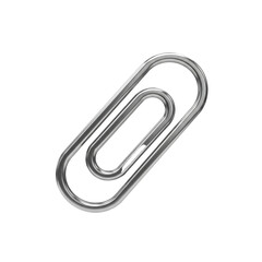 A gleaming silver metallic paperclip, a common tool, is prominently displayed against a plain black background, showcasing its smooth, reflective and simple, functional form.