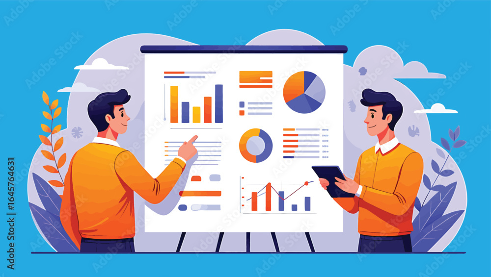 Poster two business professionals analyzing statistical data on a presentation screen with charts and graph