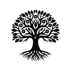 A stylized black tree with circular decorative elements and exposed roots isolated