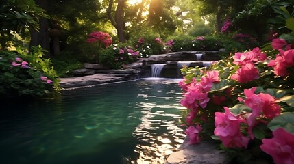 A luxurious garden scene with dense vertical foliage, small cascading waterfalls into a still dark green pool, bright pops of pink flowers adding contrast, soft evening light, full frame,