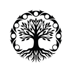 Stylized Tree of Life Illustration within a Circular Tribal Border Design