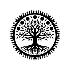 Monochrome depiction of a Tree of Life enclosed within a leafy circle