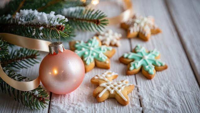 Christmas cookies and ornament. Festive still life with a pink bauble, snowflake sugar cookies, and a snowy pine branch on a white wood table.