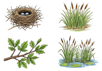 Bird Nest, Cattails, Oak Branch, Water Plants: Nature Illustration Set