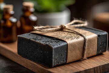 Handcrafted black charcoal soap, elegantly wrapped for luxurious natural skincare.