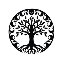 Detailed and Intricate Tree of Life with Lunar Phases in Circle