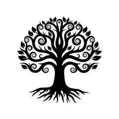 Obraz premium Stylized Tree of Life Illustration in Black and White with Swirls