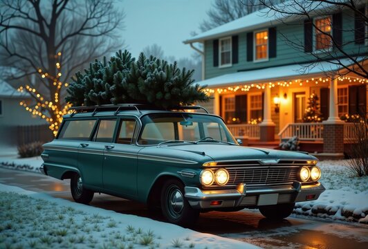Fototapeta Vintage car Christmas. A classic station wagon carries a Christmas tree home on a snowy evening.
