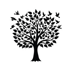 Obraz premium Black silhouette of a tree with leaves and birds flying around it