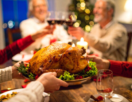 Family toasting wine glasses, sharing a roasted turkey at a festive Christmas dinner.