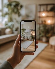 artistic photo with hand and mobile phone screen in warm home interior