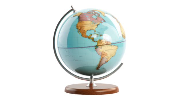 Classic desk globe on elegant stand with minimal geographic outlines on white background