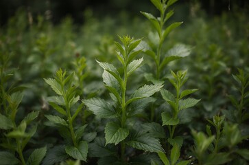 Obraz premium Vibrant Leafy Green Plants Thriving in Field Undergrowth ai generated