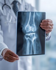 orthopedic specialist holding knee x ray film in hospital room