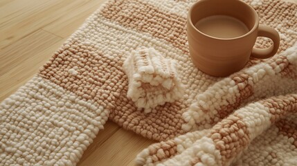 A warm beverage resting on a patterned woven textile