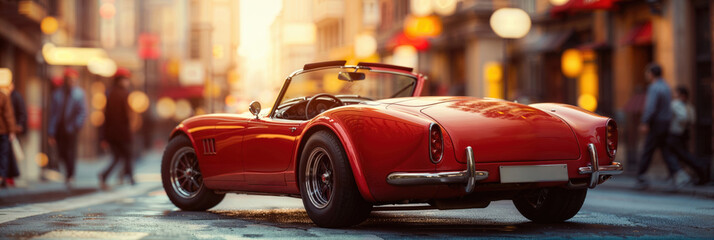 Classic red convertible. Rear view of a vintage red convertible sports car parked on a wet city street at sunset.