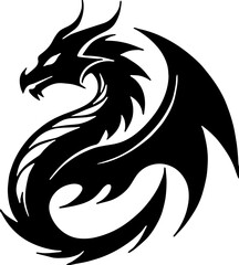 silhouette tattoo style Chinese dragons,Powerful black dragon silhouette with spread wings and coiled tail on white background