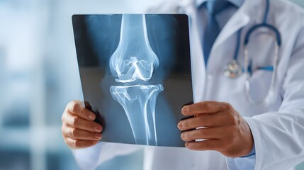 experienced doctor reviewing bone structure of knee from x ray