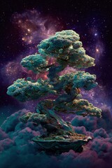 Fototapeta premium Celestial Bonsai: Twisted Tree Amidst Cosmic Clouds and Starry Nebula