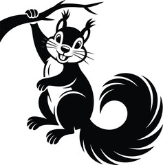 Playful Squirrel Swinging on Tree Limb Silhouette Vector, Transparent Background.