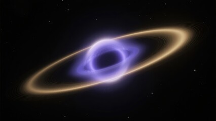 Realistic black hole with golden accretion disk purple photon ring, starfield gravitational lensing 8K cosmic rendering sci-fi concept