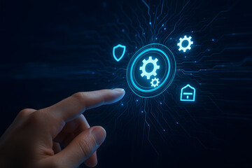 Finger touching glowing blue digital interface with icons