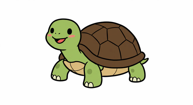 A cute cartoon turtle with a brown shell and green body smiles cheerfully on a white background.