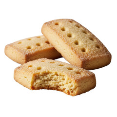 Photorealistic macro of three Scottish shortbread fingers, one with a clean bite showing golden crumbly interior, on a transparent studio background, inviting culinary perfection