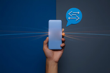 Hand holding blue smartphone with communication icon and light streaks