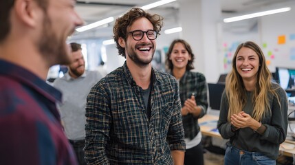 young SME team celebrating first product launch in creative office space